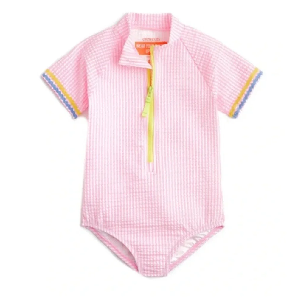 Crewcuts Girls Seersucker Short-sleeve One Piece Rash Guard Swimsuit UPF 50+ 4 5